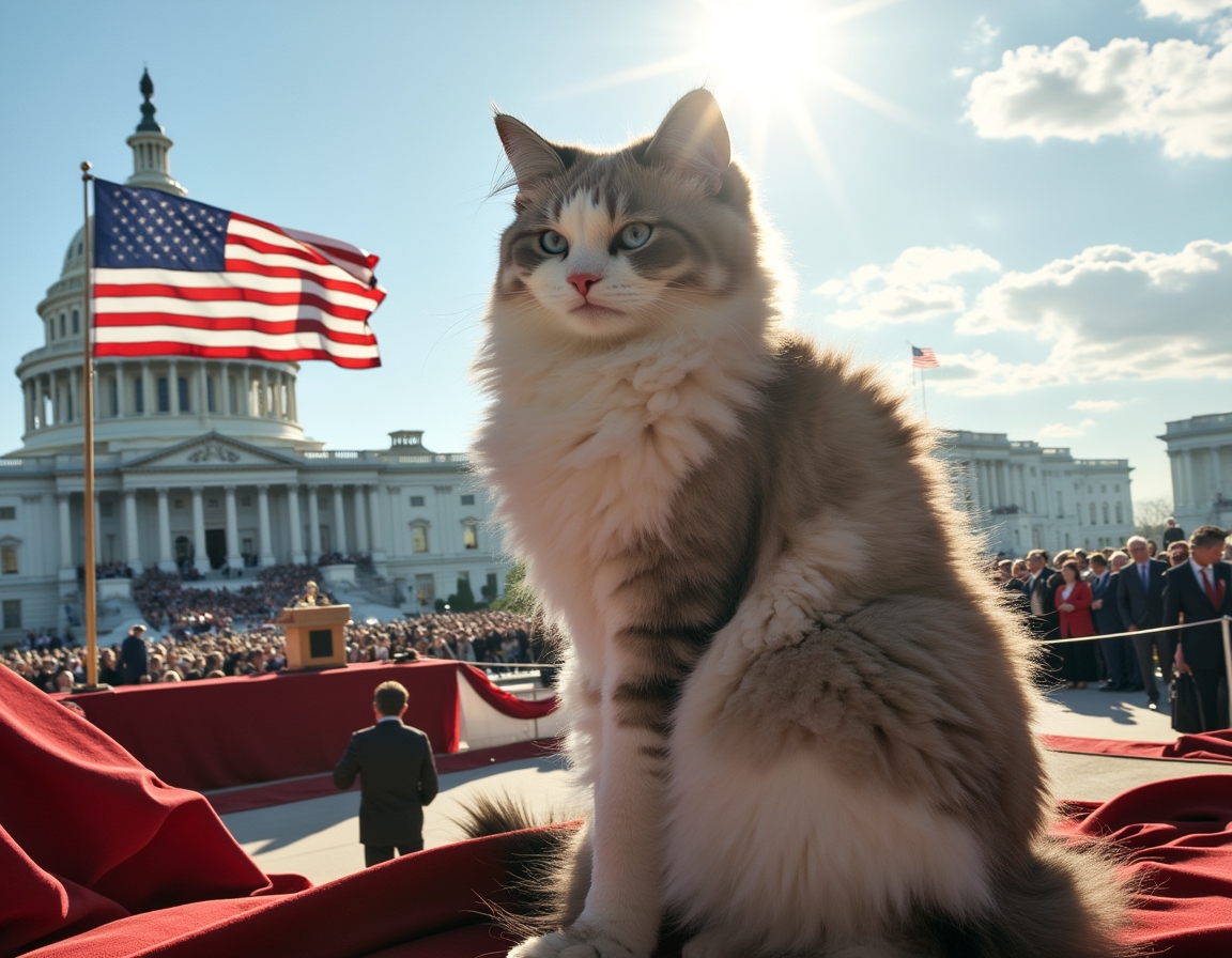 Cat on the Capitol steps during a historic inauguration, surrounded by flags and cheering crowds.